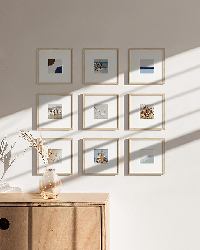 HAUS AND HUES Beige Oak Wood 8x8 Picture Frames - Set of 25, Square Frames with Mat, Modern Frames for Photos and Artwork (8x8 in, Beige, Set of 25)