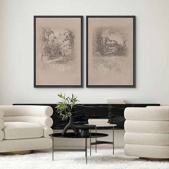 SIGNWIN Framed Canvas Print Wall Art Set Countryside Home and Trees Sepia Landscape Drawings Illustrations Modern Art Scenic Colorful for Living Room, Bedroom, Office - 24"x36"x2 Black