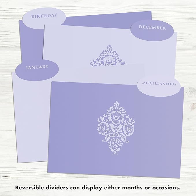 Designer Greetings Greeting Card Organizer Box with Dividers and Calendar, Decorative Lavender Damask Pattern (9.5” x 7.25” x 6”, Holds Up to 75 Greeting Cards), purple - large (711-00005-0000)