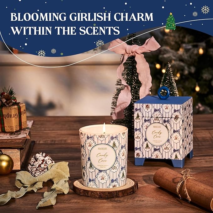 M&SENSE Christmas Holiday Candle - Candy Cane Scent, 7.4 oz Soy Wax, Winter Scented Candle Gift for Women and Teen Girls