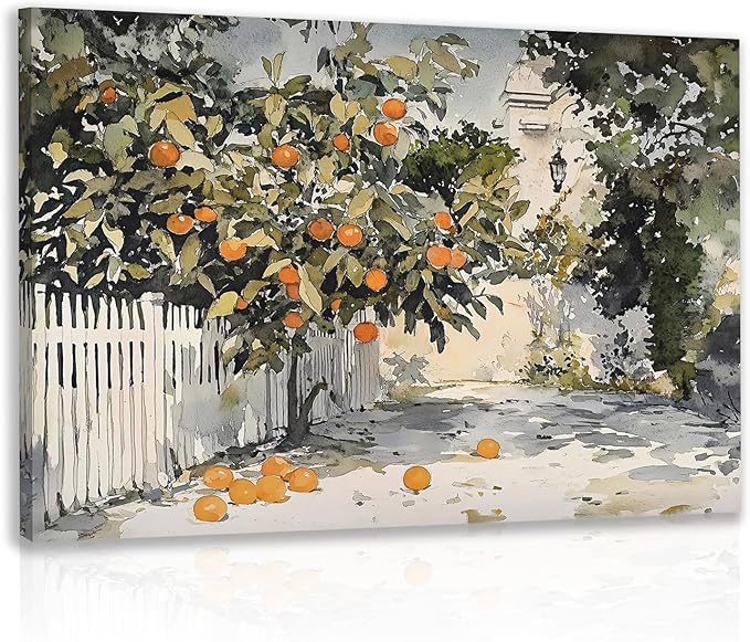 LLEEMPI Framed Orange Tree Wall Art, Country Botanical Wall Decor, Vintage Fruit Canvas Painting, Rustic Farmhouse Poster Print for Kitchen Bathroom Bedroom Living Room Office 16x24 Inch