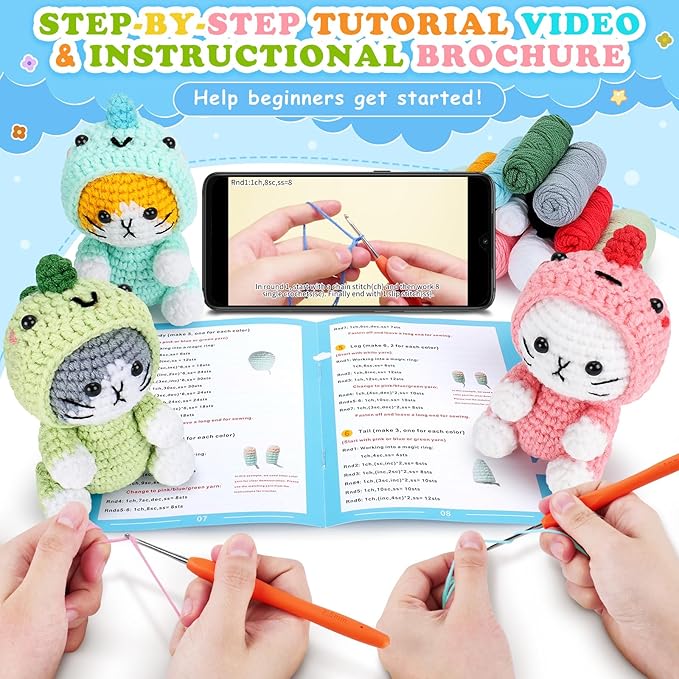 Crochet Kit for Beginners - 3 PCS Dinosaur Cat Crochet Kits with Step-by-Step Video Tutorials, Beginner Crochet Kit for Adults, Crochet Animal Kit for Starters, Cat Dressed as Dinosaur Crochet Set