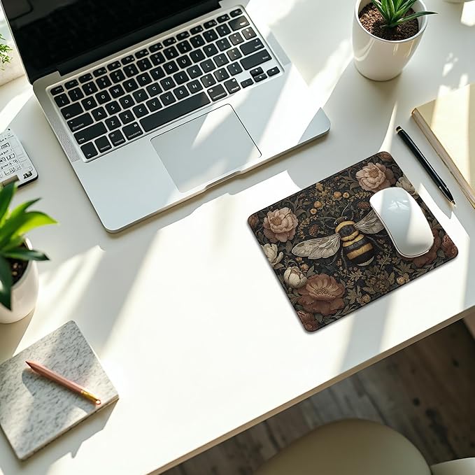 Vintage Floral Bee Mouse Pad, Dark Contemporary Botanical Bumblebee Mouse Pads Mousepad for Desk Home Office Dorm Laptop, Cottagecore Nature Office Supplies Desk Accessories, 9.5x7.9 Inch