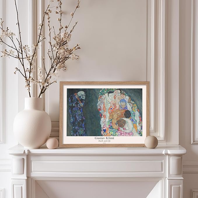 Poster Master Vintage Gustav Klimt Poster - Retro Death and Life Print - Art Nouveau - Symbolism Art - Abstract Art - Aesthetic Art - Classic Painting - Living Room Decor - 11x14 Beige Framed