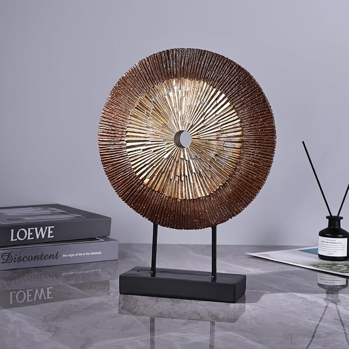 oliruim 12" Tall Abstract Brown Gold Round Sculpture - Unique Wood Color Home Decoration for Above Cupboard Decor, Living Room Coffee Table, Console, Office, Entrance, Table Centerpieces (Brown Gold)