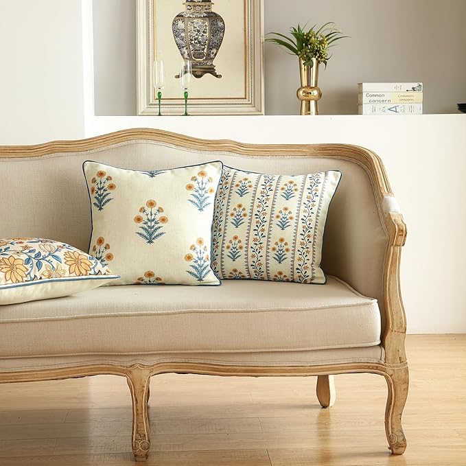 ISAENNE Design Simple Elegant Linen Throw Pillow Covers Set of 4, Blue Yellow Floral Pattern Cushion Covers Decor Lumbar Round Square Pillowcases for Bed,Living Room,Outdoor,Car