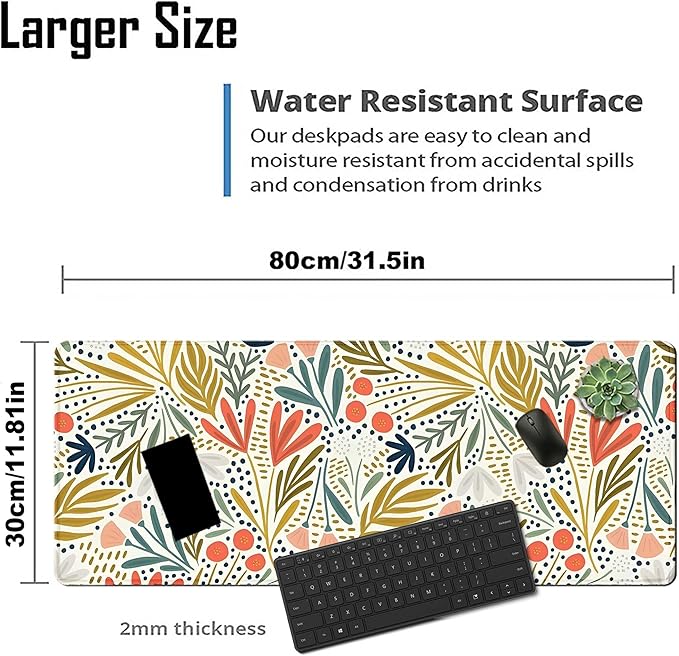 Decorative Floral Pattern Large Mouse Pad for Desk with Non-Slip Rubber Base,Big Desk Pad Desk Mat Featuring Flowers and Leaves,Computer Mouse Pads for Wireless Mouse Mousepad with Stitched Edges