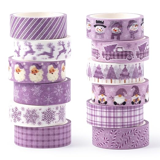 Purple Christmas Washi Tape - 12 Rolls Elegant Santa Reindeer Snowflake Watercolor Aesthetic Adhesive Decorative for Journal Gift Wrapping, Scrapbook, Photo Albums, Easy Tear DIY Art Crafts