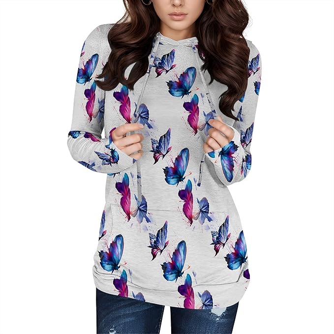 Hooded Sweatshirt Women Fall Butterfly Sweatshirts Lightweight Long Sleeve Pullover Tops Trendy Outfits Plus Size