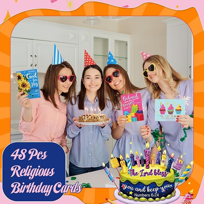 48 Pack Religious Christian Birthday Cards Bulk with Scripture Assorted Bible Verse 4.5 x 6.2 Inch Christian Blessings Birthday Greeting Cards with Envelopes and Stickers(Classic Style)