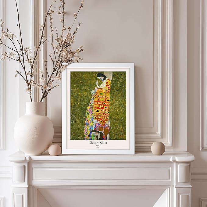 Poster Master Vintage Gustav Klimt Poster - Retro Hope II Print - Art Nouveau - Abstract Art - Symbolism Art - Aesthetic Art - Classic Painting - Colorful Living Room Decor - 8x10 White Framed
