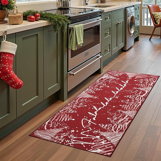jinchan Deck The Halls Christmas Runner Rug 2x5 for Entryway Washable Christmas Tree Kitchen Rug Red Xmas Mat for Hallway Non-Slip Soft Carpet Winter Festive Holiday Decor for Bathroom Porch Bedside