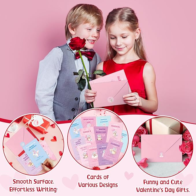 TICIAGA 144pcs Valentine's Day Unicorn Greeting Card with Envelop and Stickers for Kids, Charming Design Unicorn Notecard Gift Cards for Boys and Girls School Classroom Exchange, Valentines Party Favor