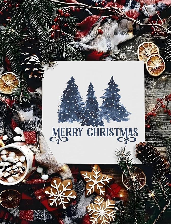Navy Blue Christmas Tree Wooden Box Sign, Blue Christmas Decor, Farmhouse Merry Xmas Tree Winter Holiday Wood Signs for Home Office Desk Shelf Tabletop Decor, 5x5 Inch Decorative Signage