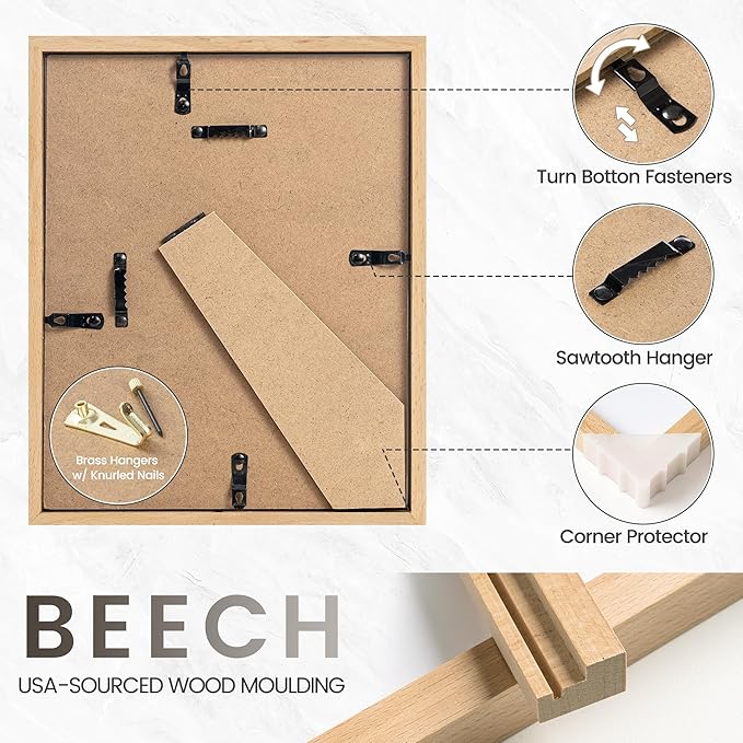 8x10 Picture Frame, USA-Sourced Natural Beech Wood Photo Collage Frame with HD Tempered Glass, Modern Simple 8 x 10 Wooden Frame Matted to 5x7, Gallery Wall Frames for Art, Wall or Tabletop Display