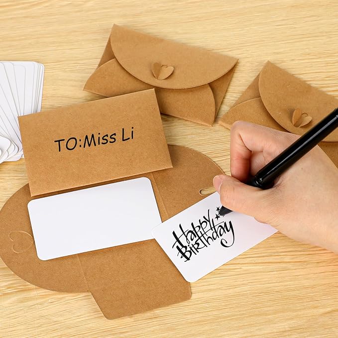 Mini Envelopes with Blank Cards 4.1 x 2.8 inch Kraft Paper Gift Card Holders Cute Tiny Envelopes with Heart Clasp for Gift Cards, Wedding Party Favors, Greeting Cards Mailing, Business Cards