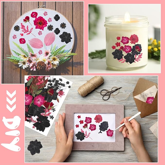 Nuanchu Black Red Dried Pressed Flowers for Crafts Christmas Dried Flowers Real Natural Pressed Wildflowers with Tweezer for Resin Mold Scrapbooking Nail Soap Candle Card Making Cake DIY Art Jewelry