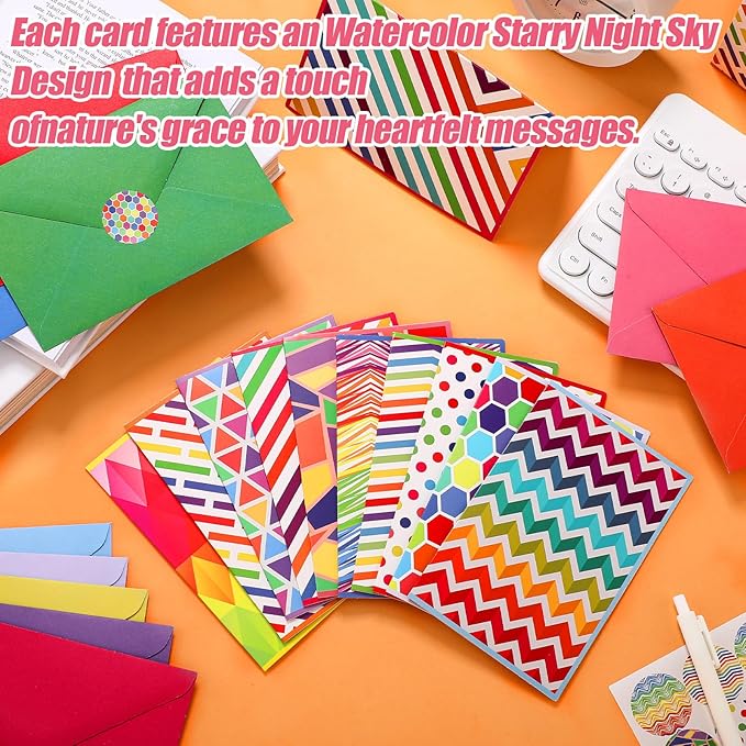 100 Pcs Blank Cards with Envelopes 4x6, Bright Patterns Blank Greeting Cards, 10 Designs, Ideal Stationary Set for All Occasions, Stationary with Matching Colored Envelopes and Stickers