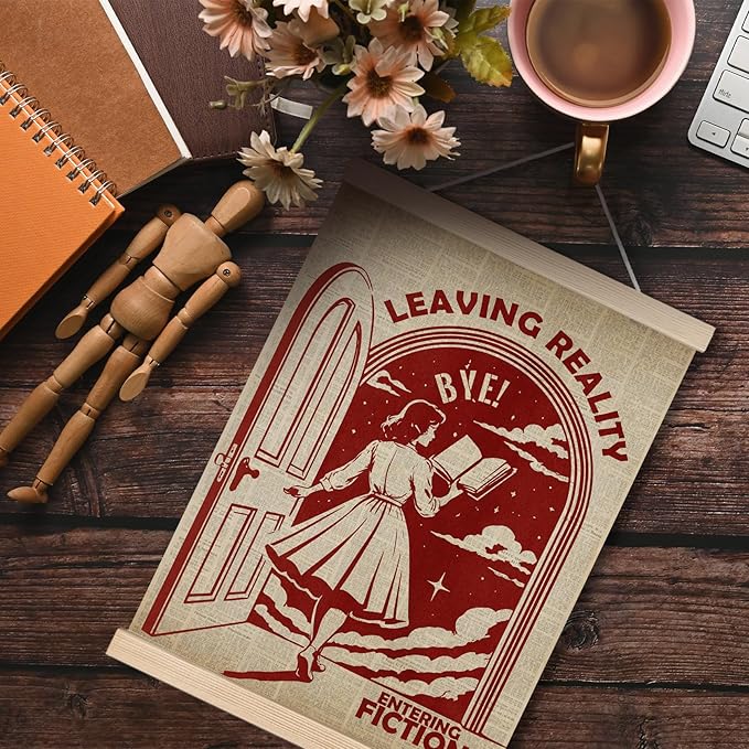 Vintage Reading Woman Book Canvas Wall Art Poster, Reading Nook Corner Decor, Leaving Reality Entering Fiction Wall Decor Prints for Library Reading Room Classroom Home, 12x16 Inches