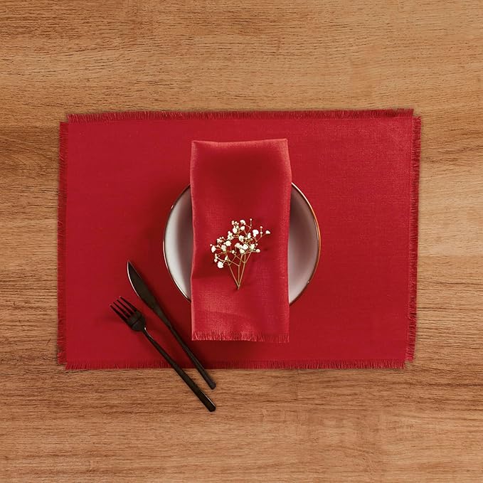 Solino Home Fringe Linen Placemats Set of 4-14 x 19 Inch Placemats Cherry Red - 100% Pure Linen Table Mats for Valentines