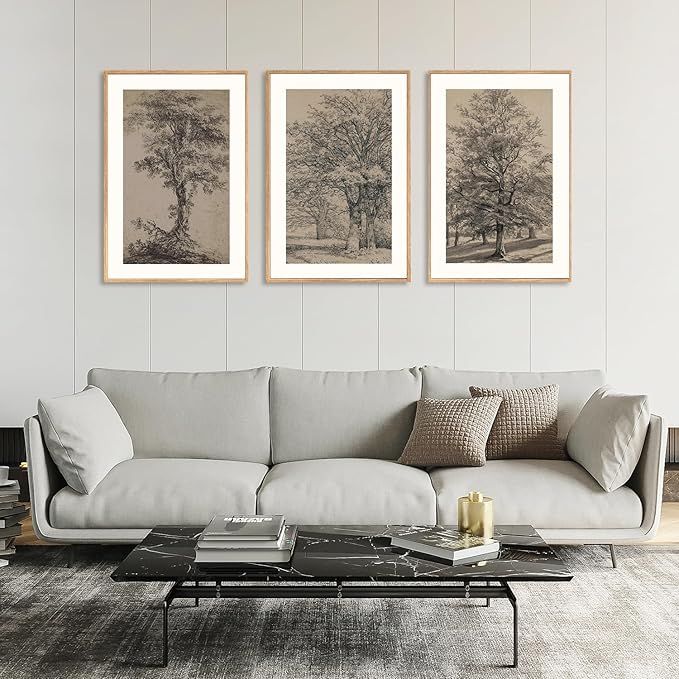 KAIRNE Vintage Tree Sketch Wall Art Set, Antique Tree Drawings Wall Decor, Nature Sketch Wall Painting, Framed Botanical Canvas Art Prints for Living Room, Bedroom, Dinning Room, Farmhouse - 24"x36"x3