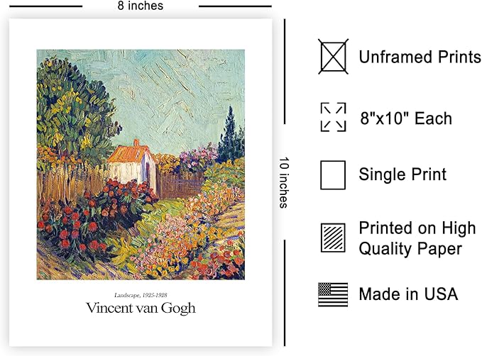 Monem Art Vintage Van Gogh Poster - Retro Landscape Print - Impressionism Art - Flower Garden Art - Gift for Men & Women - Classic Decor for Bedroom, Living Room or Dorm - 8x10 UNFRAMED Wall Art