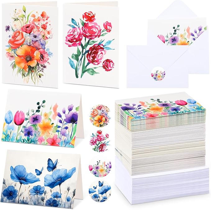 Gueevin 96 Pcs Painted Flowers Blank Cards & Notes Assortment with Envelopes and Stickers 3.5 x 5 Inch Watercolor Florals Blank Greeting Cards for Wedding, Party, Business, Invitations, Graduation