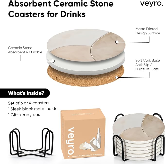 VEYRO Ceramic Coasters Set of 4 – Absorbent Stone Drink Coasters with Holder, Non-Slip Cork Backing, Modern Marble Look Coasters for Coffee Table, Desk & Home Decor