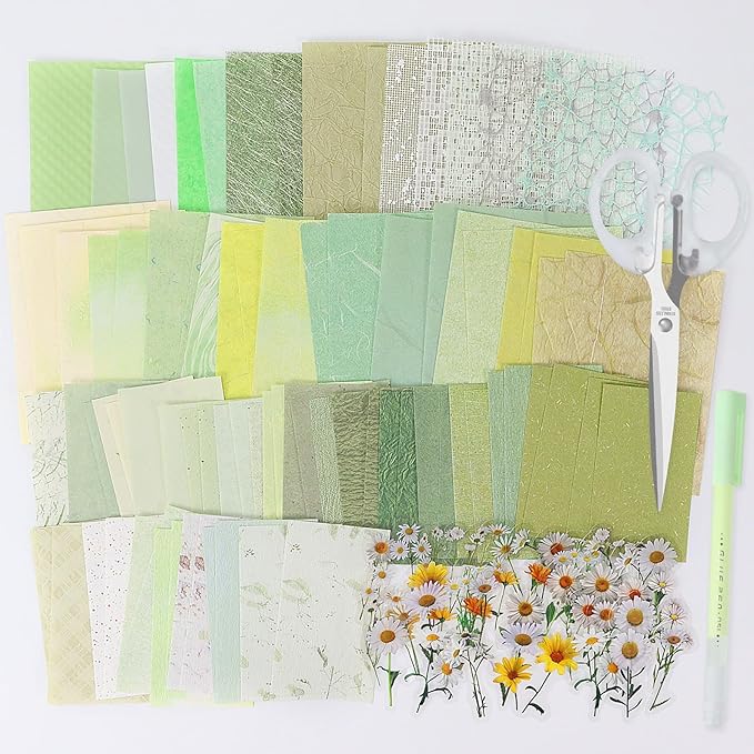 Koqye 131PCS Aesthetic Scrapbook Paper Pack, Junk Journal Supplies Starter Kit with Floral Stickers, Scissors, Quick Dry Glue Pen, Scrapbook Kit for Planner DIY Arts Craft Collage(Botanical Sage)