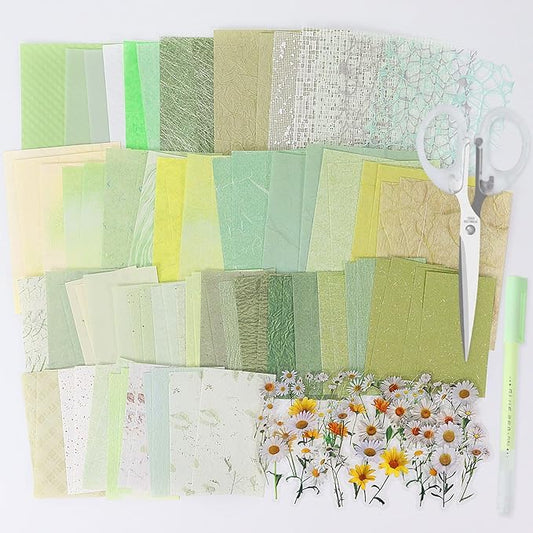 Koqye 131PCS Aesthetic Scrapbook Paper Pack, Junk Journal Supplies Starter Kit with Floral Stickers, Scissors, Quick Dry Glue Pen, Scrapbook Kit for Planner DIY Arts Craft Collage(Botanical Sage)
