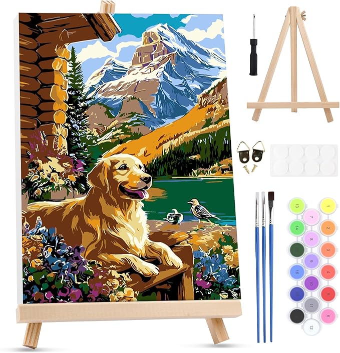 MXJSUA Cabin Dog Framed Paint by Numbers for Adults Beginners, Easy Adults' Paint-by-Number Kits on Canvas with Easel, Animal Acrylic Number Painting Crafts Kits Gifts for Home Decor, 8x12inch