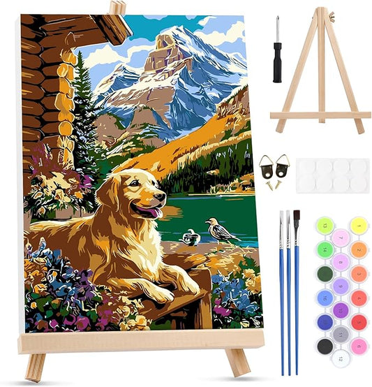 MXJSUA Cabin Dog Framed Paint by Numbers for Adults Beginners, Easy Adults' Paint-by-Number Kits on Canvas with Easel, Animal Acrylic Number Painting Crafts Kits Gifts for Home Decor, 8x12inch