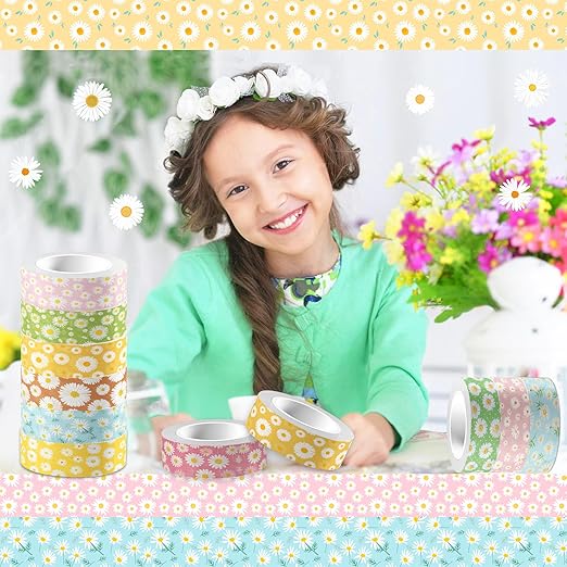 12 Rolls Daisy Washi Tape Set - Spring Summer Flower Decorative Tape for Journals, Planners, Scrapbooking, Packaging & Crafts DIY - 12 Unique Patterns