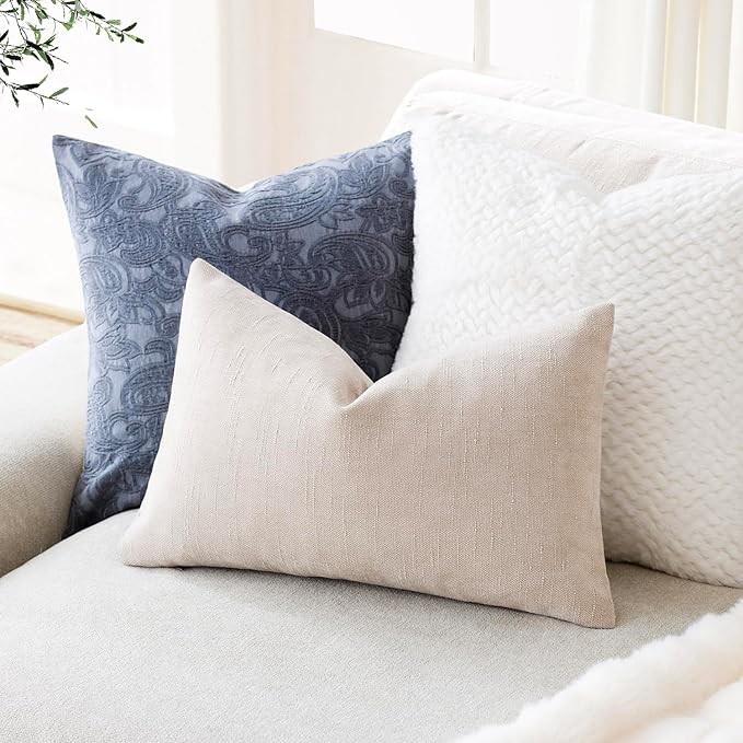 Foindtower Pack of 2 Soft Textured Throw Decorative Pillow Covers Lumbar Accent Solid Cushion Cover Cozy Neutral Farmhouse Pillow Case for Couch Sofa Bedroom Living Room 12x20 Inch, Light Beige