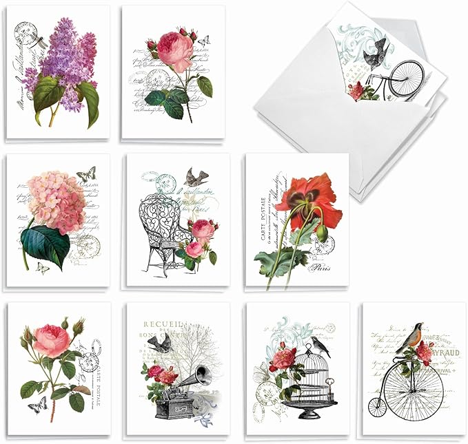 The Best Card Company - 20 Blank Notes with Envelopes - All Occasion Animal Assortment (10 Designs, 2 Each) - Vintage Blooms AM3515OCB-B2x10