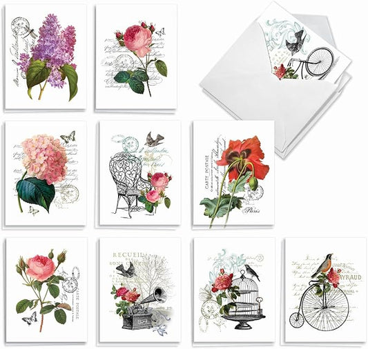 The Best Card Company - 20 Blank Notes with Envelopes - All Occasion Animal Assortment (10 Designs, 2 Each) - Vintage Blooms AM3515OCB-B2x10