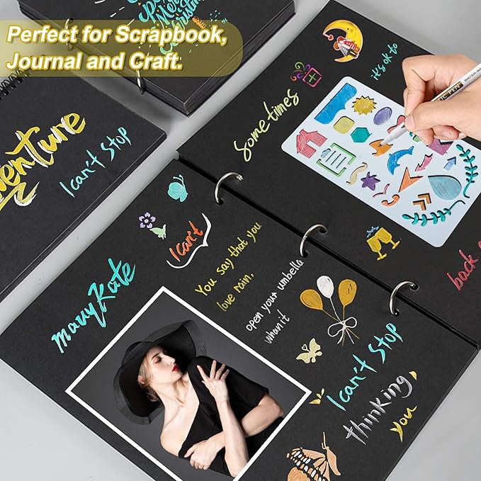 30 Pack Metallic Marker Pens, Lineon 24 Colors Fine Tip Paint Pens with 6 Stencils for DIY Craft Photo Album Rock Art Painting Card Making Glass Wood
