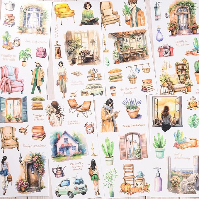 Journaling Sticker Book, 20 Sheets Scrapbook Stickers, Junk Journal Supplies, Pre-Cut Aesthetic PET Materials, Watercolor Scrapbooking for Adults, Decorative Ephemera Planner Arts Craft