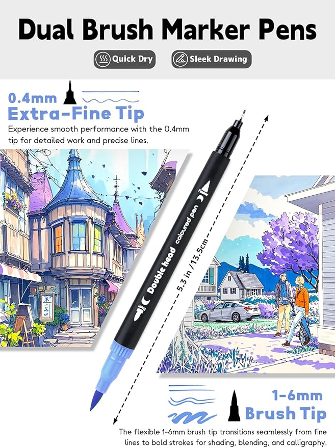 60 Colors Dual Tip Brush Pens, Fine Felt Tip and Brush Tips Colored Pens for Adults and Kids, Coloring Markers for Coloring Book Bullet Journaling Note Taking Hand Lettering