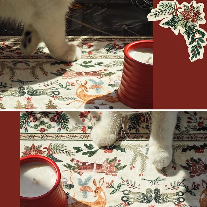 jinchan Christmas Rug 2x3 for Entryway Kitchen Small Holiday Rug for Porch Bathroom Christmas Tree and Cabin Printed Winter Xmas Decor Washable Doormat for Bedroom Non Slip Green on Beige