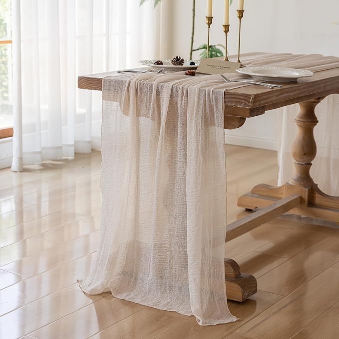 Keketoarrange 3pcs Beige Cheesecloth Table Runner Gauze Rustic 120 Inch 10 FT for Wedding Baby Shower Bridal Shower Birthday Engagement Garden Party Long Sheer Boho Spring Easter Home Decorations