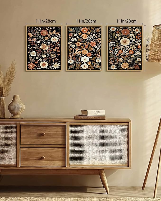 KUVIOKE Orange Vintage Flower Framed Wall Art Boho Floral Wall Decor Retro Wildflower Modern Art Prints Bedroom Living Room Home Decor 11x14in (Natural Framed)