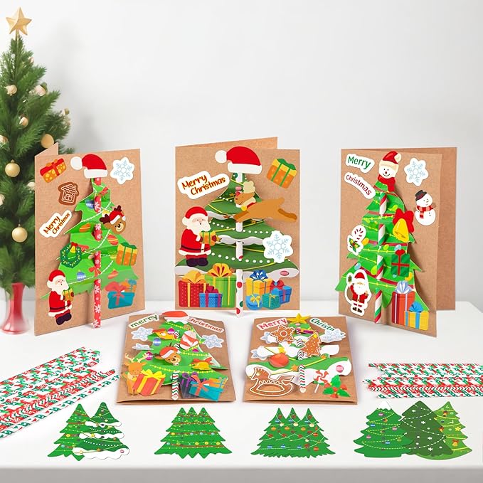 Seagoodbye 28Sets Christmas Crafts Card Making Kit DIY 3D Xmas Trees Greeting Cards Arts and Craft Holiday Party Favors Classroom Activities Supplies