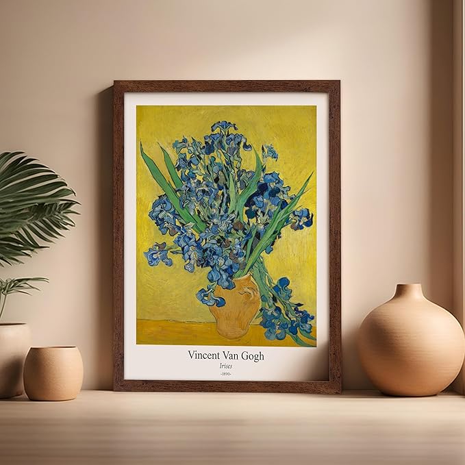 Monem Art Vintage Van Gogh Poster - Retro Irises Print - Flowers in Vase Art - Impressionism Art - Floral Art - Fine Art - Classic Painting Art - Living Room Wall Decor - 16x20 Brown Framed