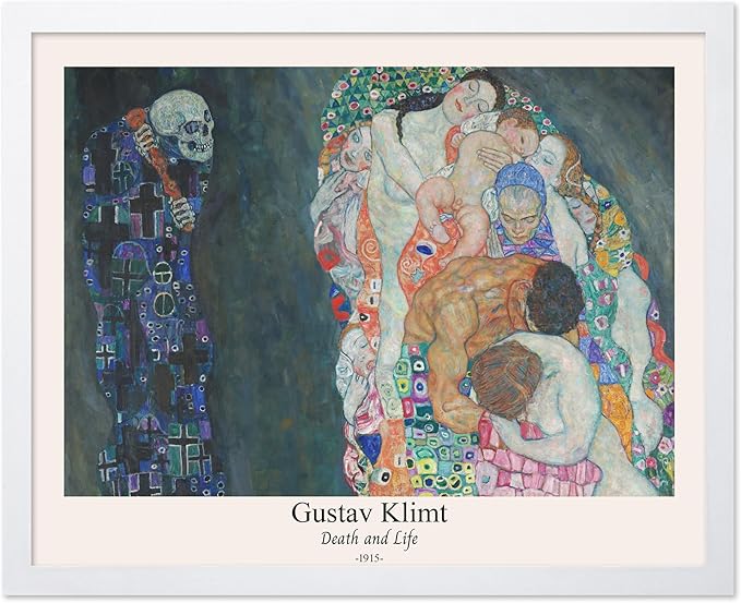 Poster Master Vintage Gustav Klimt Poster - Retro Death and Life Print - Art Nouveau - Symbolism Art - Abstract Art - Aesthetic Art - Classic Painting - Living Room Decor - 16x20 White Framed