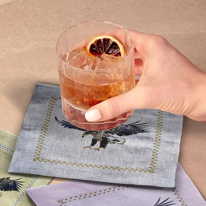 Cocktail Napkins Set of 6, 6x6 inch, 100% Linen, Printed Animal Pattern, Reusable & Washable Cloth Coasters for Beverages, Hosting, Gifting & Everyday Use (Eagle - Colorful)