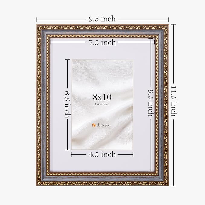 eletecpro 8x10 Picture Frames Set of 4, Vintage 8 x 10 Photo Frames with Glass, Display 5x7 Photo with Mat or 8x10 without Mat for Tabletop or Wall Decor, Blue Gold