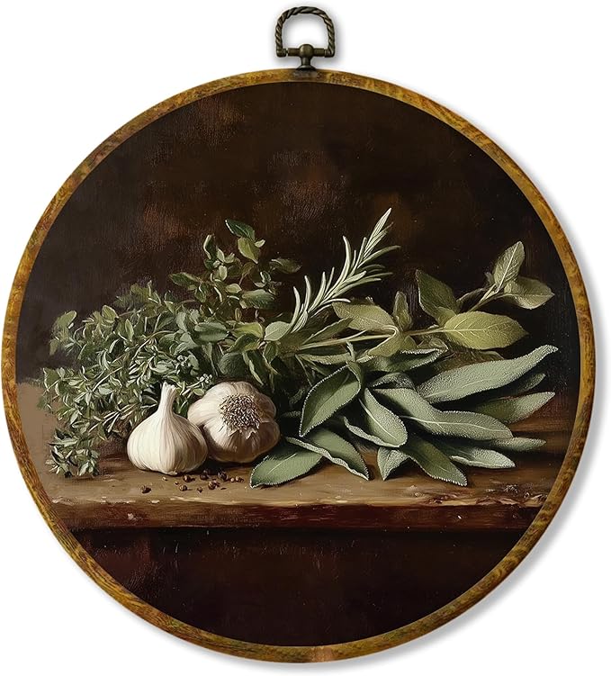 Hiuwevt Rustic Kitchen Round Wall Art Decor, Cottagecore Botanical Framed Canvas Prints, Farmhouse Herb and Garlic Round Wall Hanging Decor for Kitchen Dining Living Room Decorations, 10x10 Inches