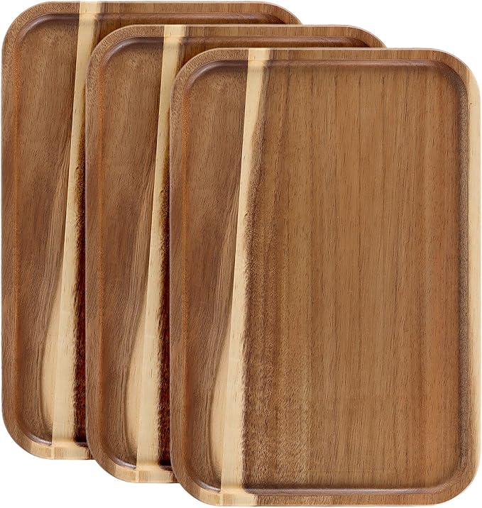 3 PCS Acacia Wood Serving Trays, 13'' x 9'' Rectangular Wooden Platters, Wood Kitchen Tray for Food, Cookie, Dessert, Fruit, Snack, Appetizer, Vegetable, Brown