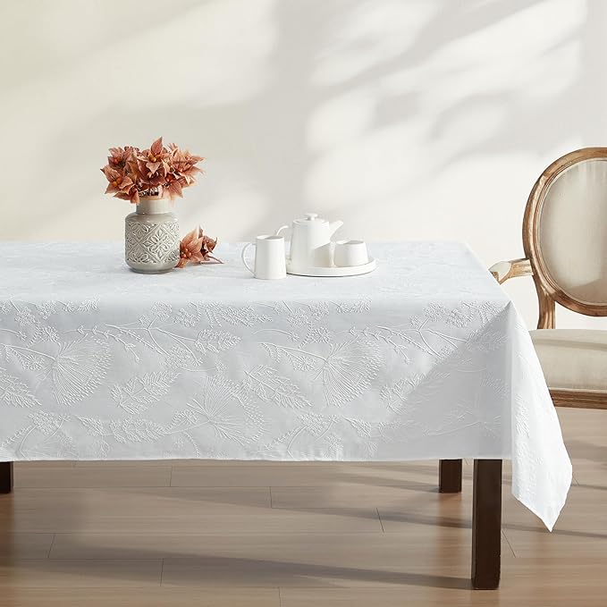Laura Ashley Tablecloth Raised Woven Embroidered Jacquard Fabric, Wrinkle Resistant for Dining, Holiday, Party, Wedding or Banquet, 60" x 102", Cynthia White